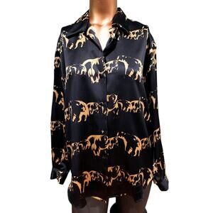 Vintage Ann May 100% Silk Button‎ Down Shirt w/Polar Bear Print, Blk/Beige, Sz S